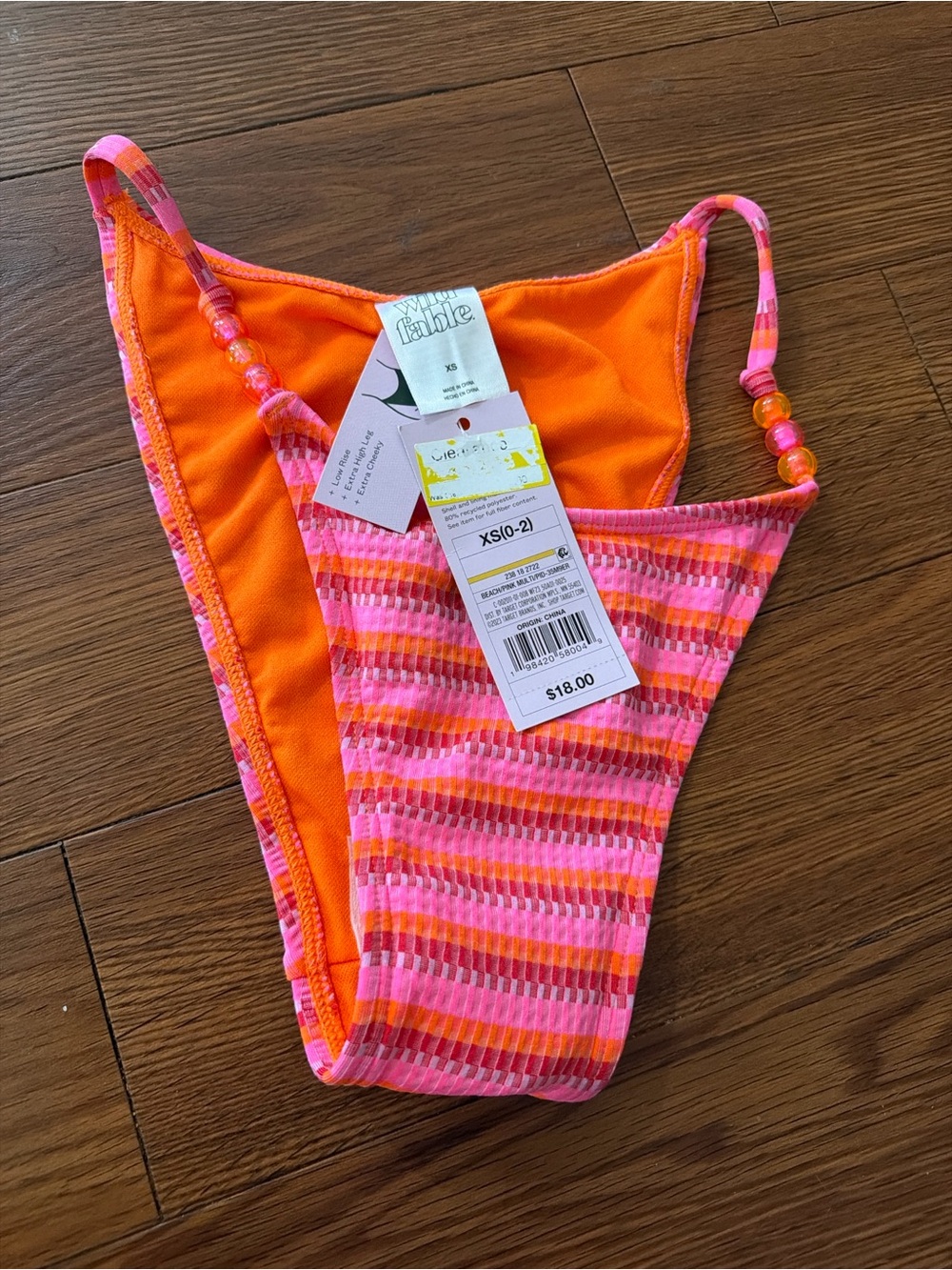 Orange & Pink Striped Swim Bottoms with Beaded Straps
